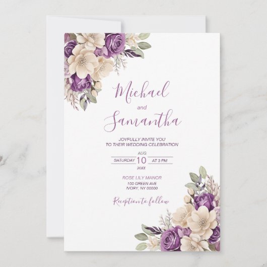 Elegant Paarse en Ivoor Roos Bruiloft Kaart (Voorkant)