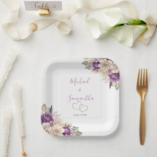 Elegant Paarse en Ivoor Roos Bruiloft Papieren Bordje (Huwelijk)