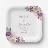 Elegant Paarse en Ivoor Roos Bruiloft Papieren Bordje (Voorkant)