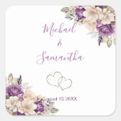 Elegant Paarse en Ivoor Roos Bruiloft Vierkante Sticker (Voorkant)