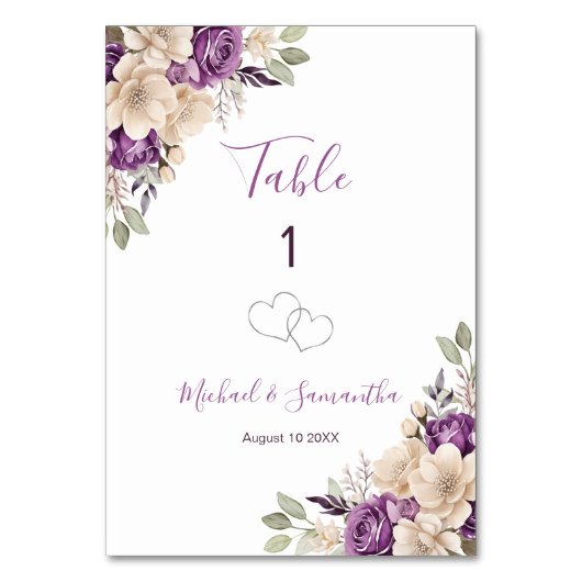 Elegant Paarse en Ivoor Roos Trouwbord Kaart (Voorkant)