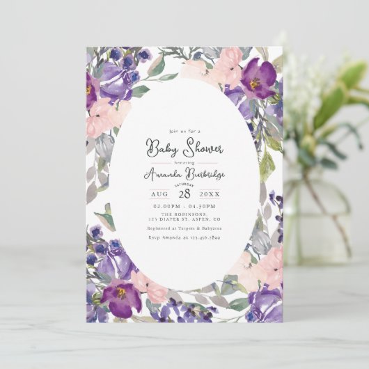 Elegant Paarse en Roze Bloemen Baby shower Kaart (Staand voorkant)