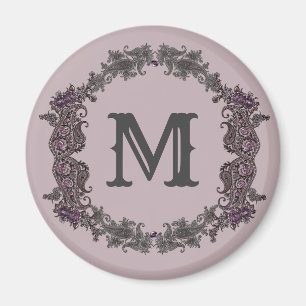 Elegant Paarse en zilveren ingelijst monogram Magneet