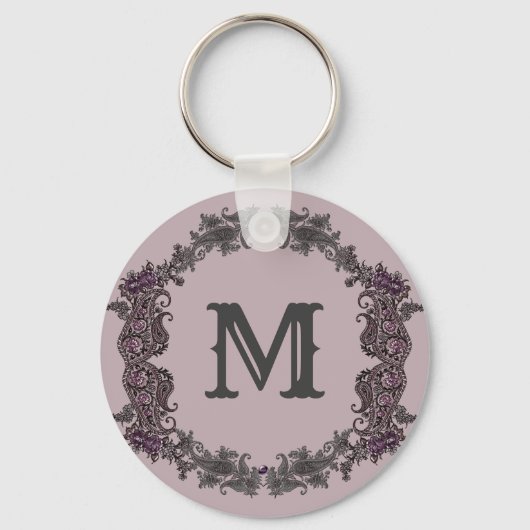 Elegant Paarse en zilveren ingelijst monogram Sleutelhanger (Voorkant)