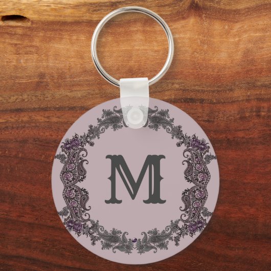 Elegant Paarse en zilveren ingelijst monogram Sleutelhanger (Achterkant)