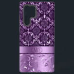 Elegant paarse en zwarte bloemendamasjes en -zeuge samsung galaxy hoesje<br><div class="desc">Afbeelding van paarse en zwarte vochtige dampen en zeugen. Aangepast monogram.</div>