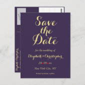 Elegant Paarse Faux Gold Bruiloft Save the Date Briefkaart (Voorkant / Achterkant)