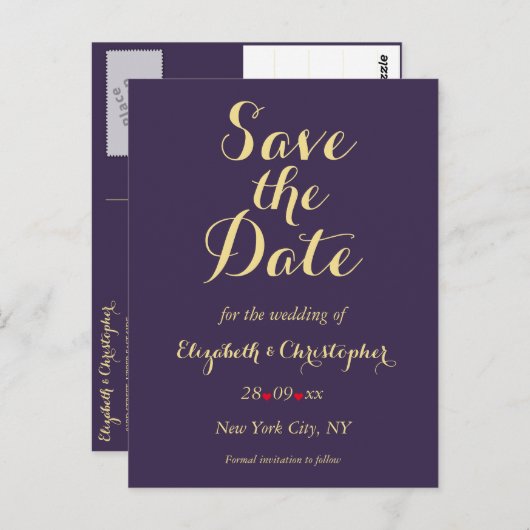 Elegant Paarse Faux Gold Bruiloft Save the Date Briefkaart (Voorkant / Achterkant)