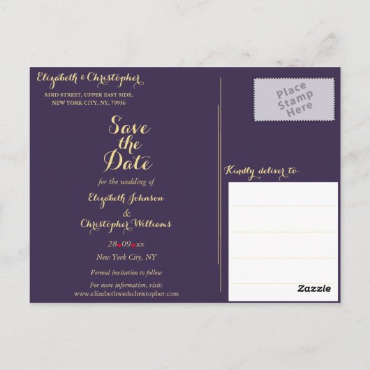 Elegant Paarse Faux Gold Bruiloft Save the Date Briefkaart (Achterkant)