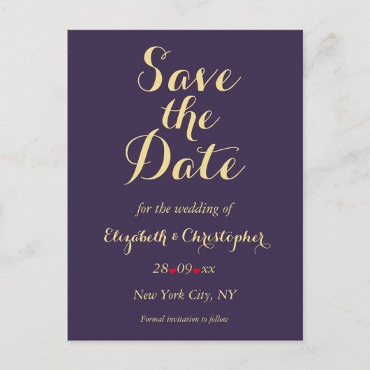 Elegant Paarse Faux Gold Bruiloft Save the Date Briefkaart (Voorkant)