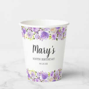 Elegant Paarse Floral 100e verjaardag Papieren Bekers