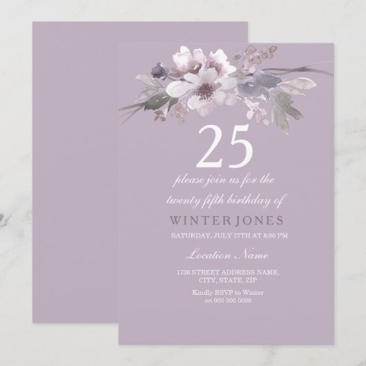 Elegant Paarse Floral 25th Birthday Party Invite Kaart (Voorkant / Achterkant)