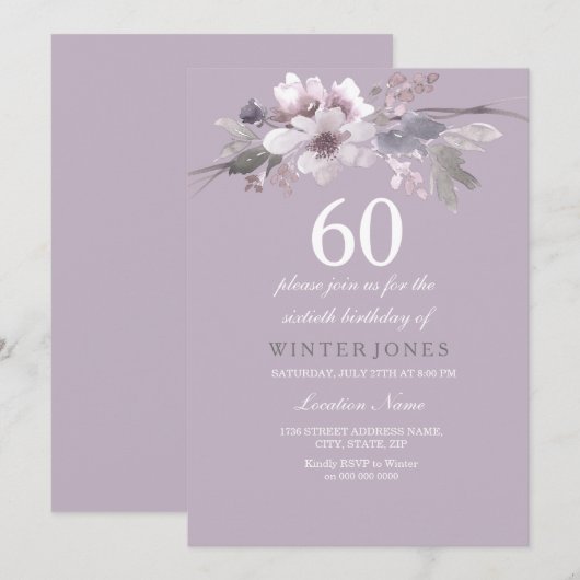 Elegant Paarse Floral 60th Birthday Party Invite Kaart (Voorkant / Achterkant)