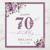 Elegant Paarse Floral 70e verjaardag Wijn Etiket (Enkel label)