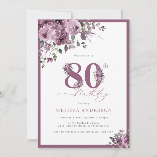 Elegant Paarse Floral 80e verjaardag Kaart (Voorkant)