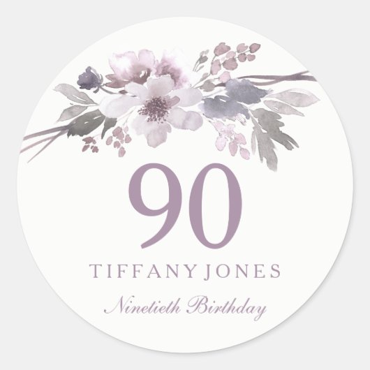 Elegant Paarse Floral 90e verjaardag Ronde Sticker (Voorkant)