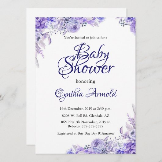 Elegant Paarse Floral Baby shower Invite Kaart (Voorkant / Achterkant)