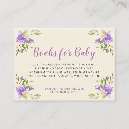 Elegant Paarse Floral brengt Baby shower boeken me Informatiekaartje (Voorkant)