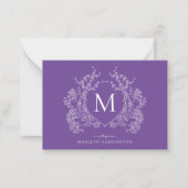Elegant Paarse Floral Crest Monogram Notitiekaartje (Voorkant)