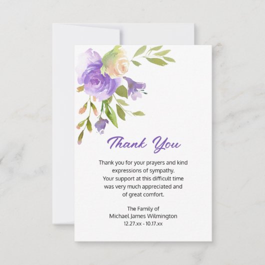 Elegant Paarse Floral Funeral Dank u Bedankkaart (Voorkant)