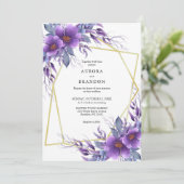 Elegant Paarse Floral Golden Geometric Wedding Kaart (Staand voorkant)