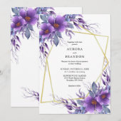 Elegant Paarse Floral Golden Geometric Wedding Kaart (Voorkant / Achterkant)