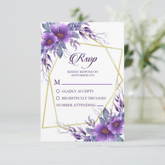 Elegant Paarse Floral Golden Geometric Wedding RSVP Kaartje (Staand voorkant)