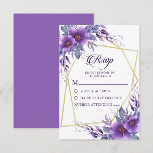 Elegant Paarse Floral Golden Geometric Wedding RSVP Kaartje (Voorkant / Achterkant)