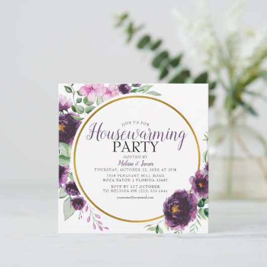 Elegant Paarse Floral Housewarming Party Kaart (Staand voorkant)