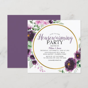 Elegant Paarse Floral Housewarming Party Kaart