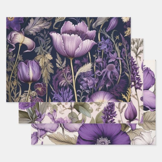 Elegant Paarse Floral Inpakpapier Vel (Set)