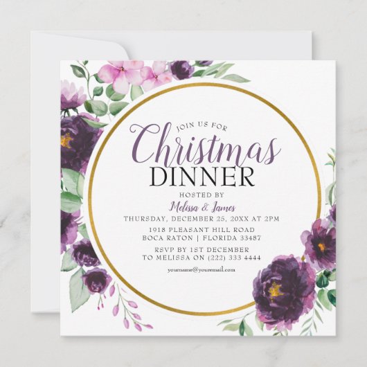 Elegant Paarse Floral kerstfeestdag Kaart (Voorkant)