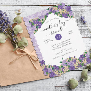Elegant Paarse Floral Lace Moederdag Brunch Kaart