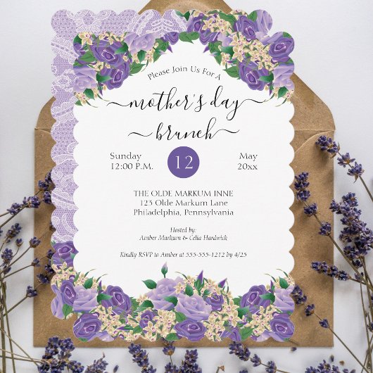 Elegant Paarse Floral Lace Moederdag Brunch Kaart