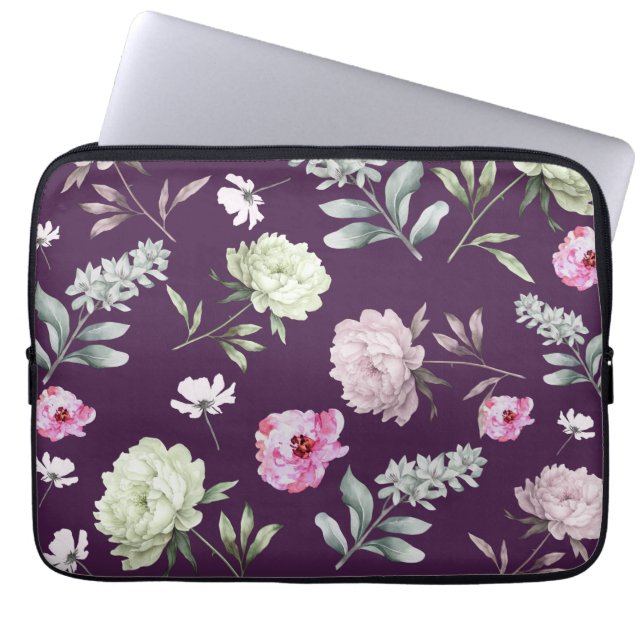 Elegant Paarse Floral Laptop Sleeve (Voorkant)