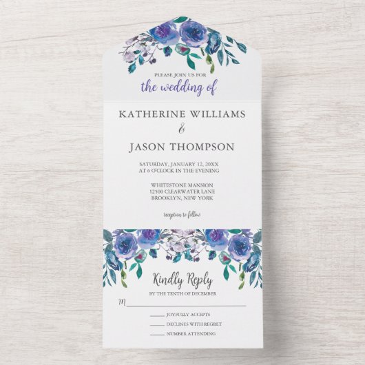 Elegant Paarse Floral Modern Winter Wedding All In One Uitnodiging (Binnen)