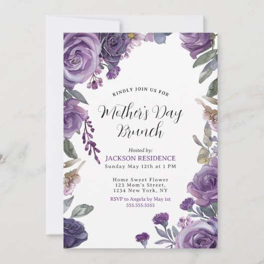 Elegant Paarse Floral Moederdag Brunch Kaart (Voorkant)