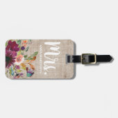 Elegant Paarse Floral Monogram Rustic Beige Linen Bagagelabel (Voorkant horizontaal)