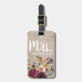 Elegant Paarse Floral Monogram Rustic Beige Linen Bagagelabel (Voorkant verticaal)