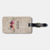 Elegant Paarse Floral Monogram Rustic Beige Linen Bagagelabel (Achterkant horizontaal)