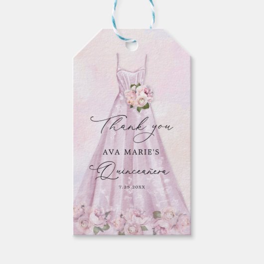 Elegant Paarse Floral Quinceañera Partij Cadeaulabel (Voorkant)
