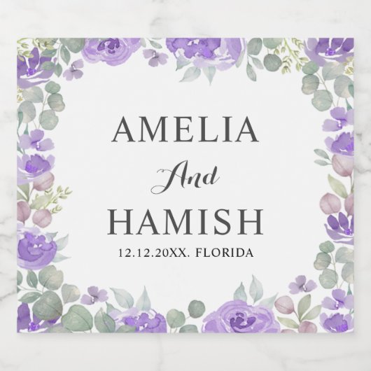 Elegant Paarse Floral Waterverf Wedding Sparkling Wijnetiket (Enkel label)