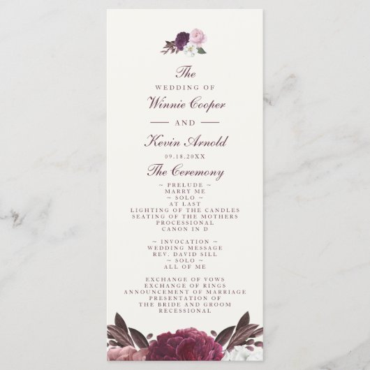 Elegant Paarse Floral Wedding Programmakaart (Voorkant)