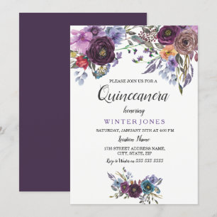 Elegant Paarse Floral Winter Quinceanera Invite Kaart