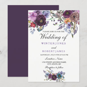 Elegant Paarse Floral Winter Wedding Invitation Kaart
