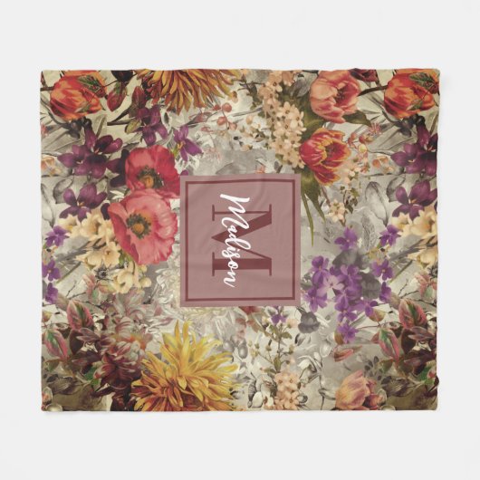 Elegant paarse geel bloemgrijs monogram fleece deken (Voorkant (Horizontaal))