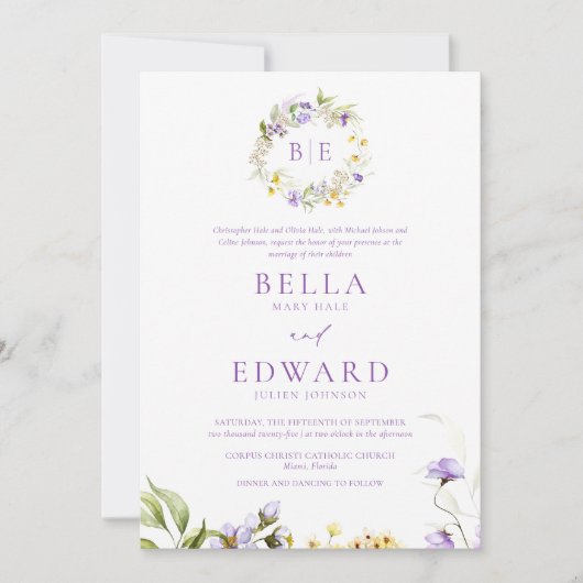 Elegant Paarse geel bloemige formele bruiloft Kaart (Voorkant)