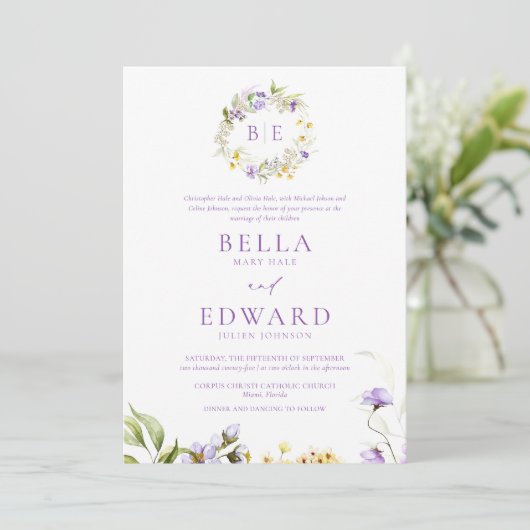 Elegant Paarse geel bloemige formele bruiloft Kaart (Staand voorkant)