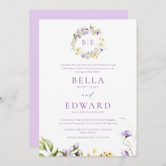 Elegant Paarse geel bloemige formele bruiloft Kaart (Voorkant / Achterkant)