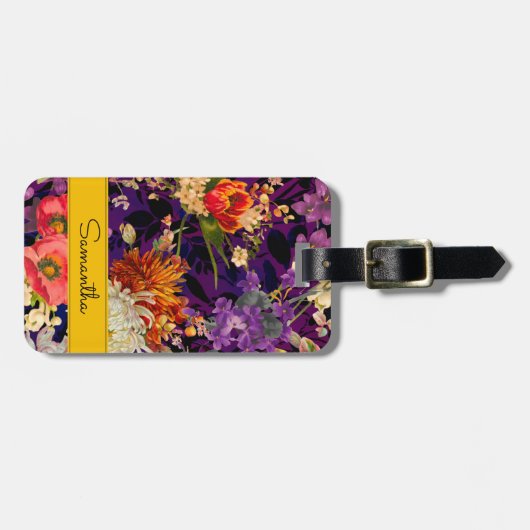Elegant paarse geel bloemmotief bagagelabel (Voorkant horizontaal)